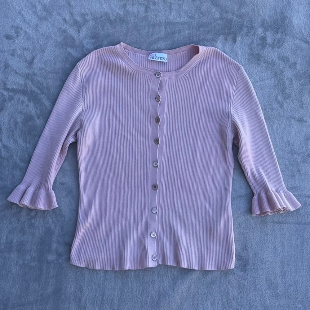 RED Valentino Pink Ribbed Knit Ruffl Cuff Cardigan Sweater 3/4 Sleeve - S - Read